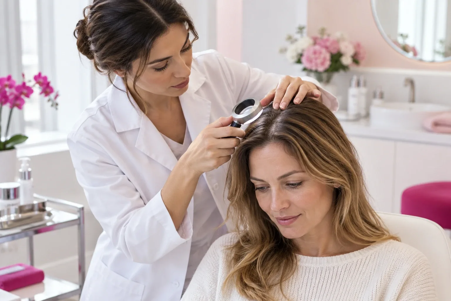 Examen du cuir chevelu en consultation